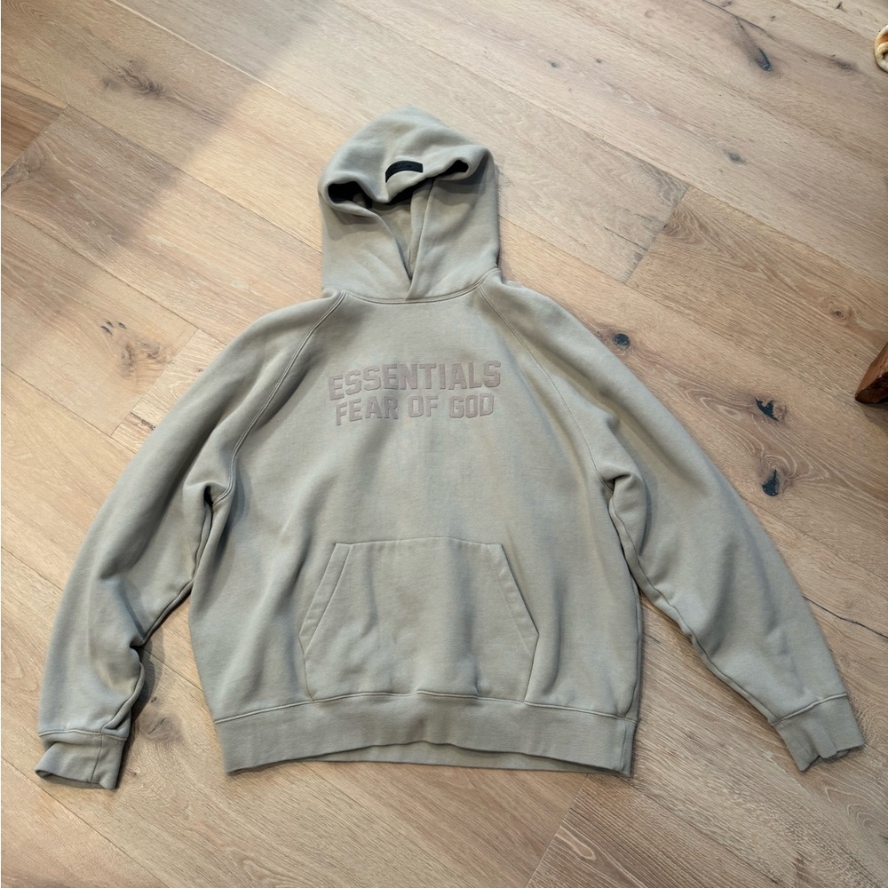 tan fear of god; essentials hoodie